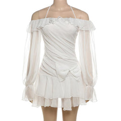 Halter off shoulder chiffon bowknot ruffle mini dress