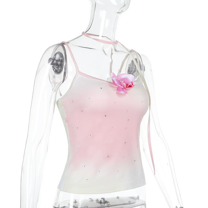 U neck gradient beaded flower applique cami top