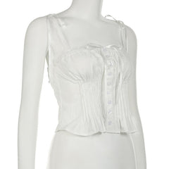 Ruched lace hem button bowknot ribbon cami top