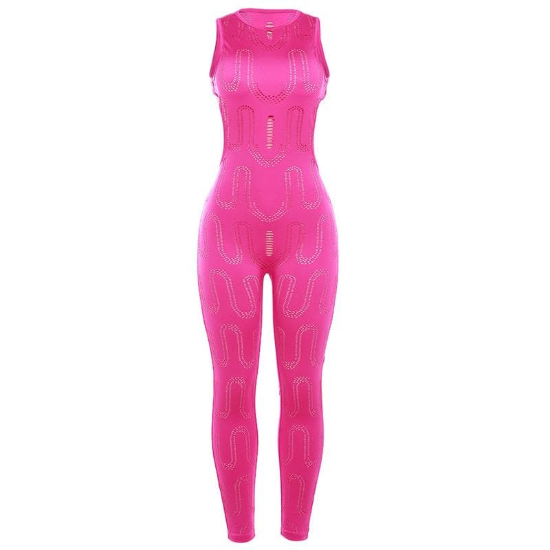 Sleeveless backless solid crewneck hollow out jumpsuit