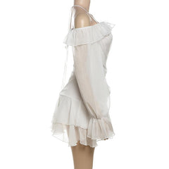 Halter off shoulder chiffon bowknot ruffle mini dress
