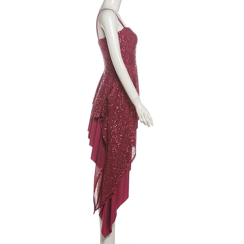 Square neck glitter irregular cami mini dress