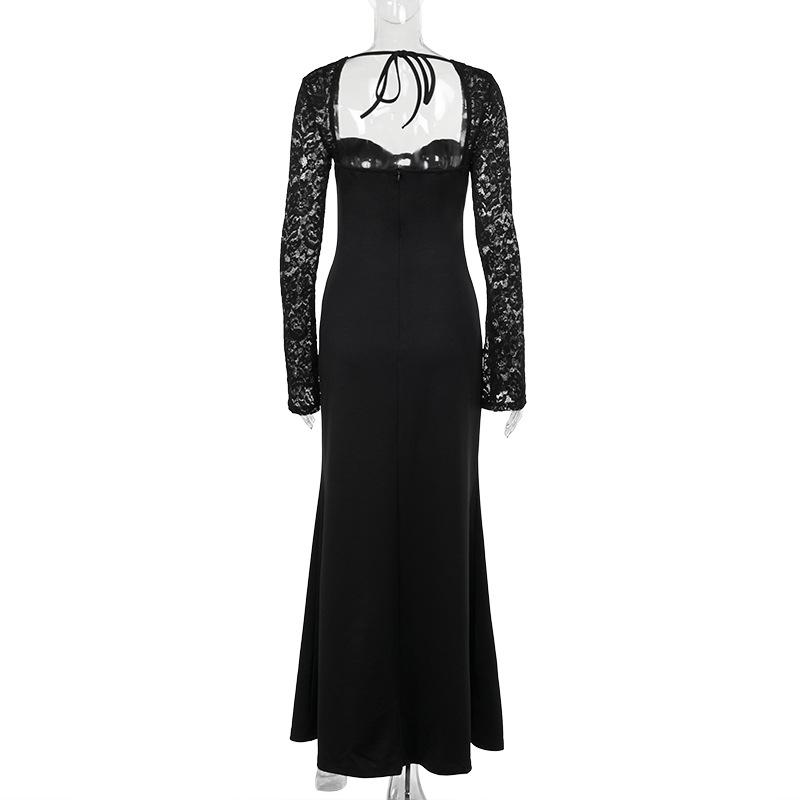 Sweetheart neck long sleeve self tie slit maxi dress