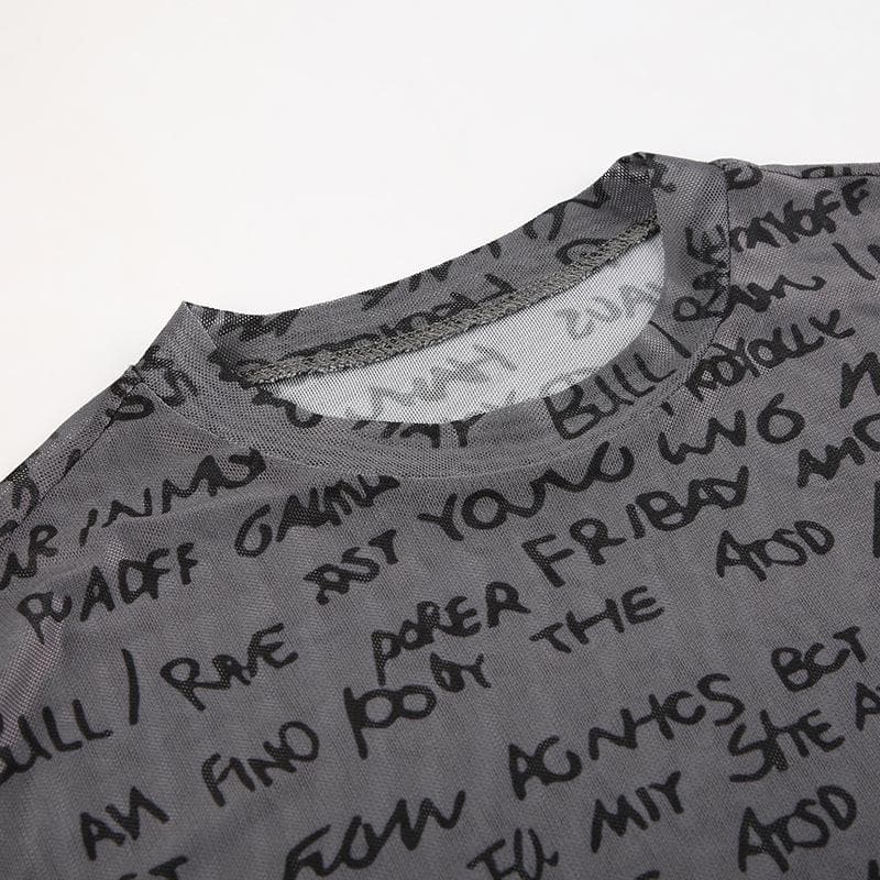 Long sleeve letter print sheer mesh see through crewneck bodysuit