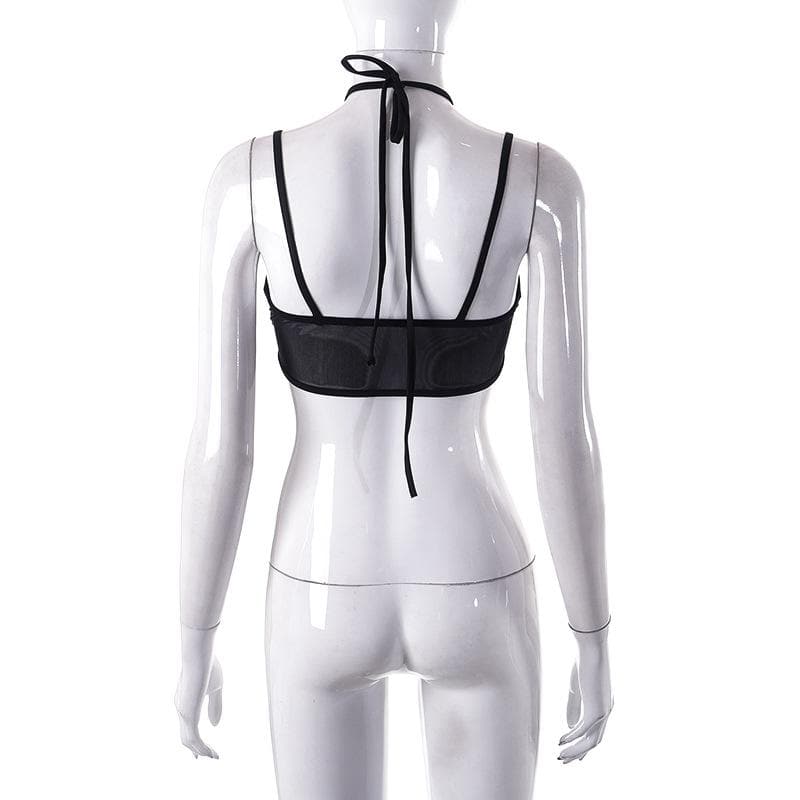 Mesh halter o ring solid hollow out backless patchwork crop cut out top