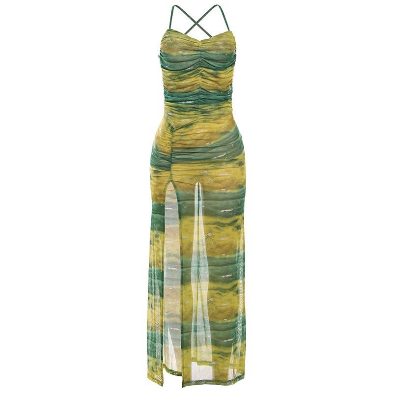 Sheer mesh contrast high slit ruched knotted cami maxi dress  | samba dress