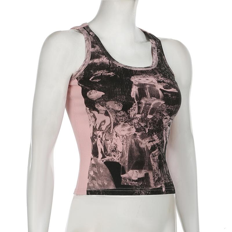 Ribbed print u neck contrast tank top