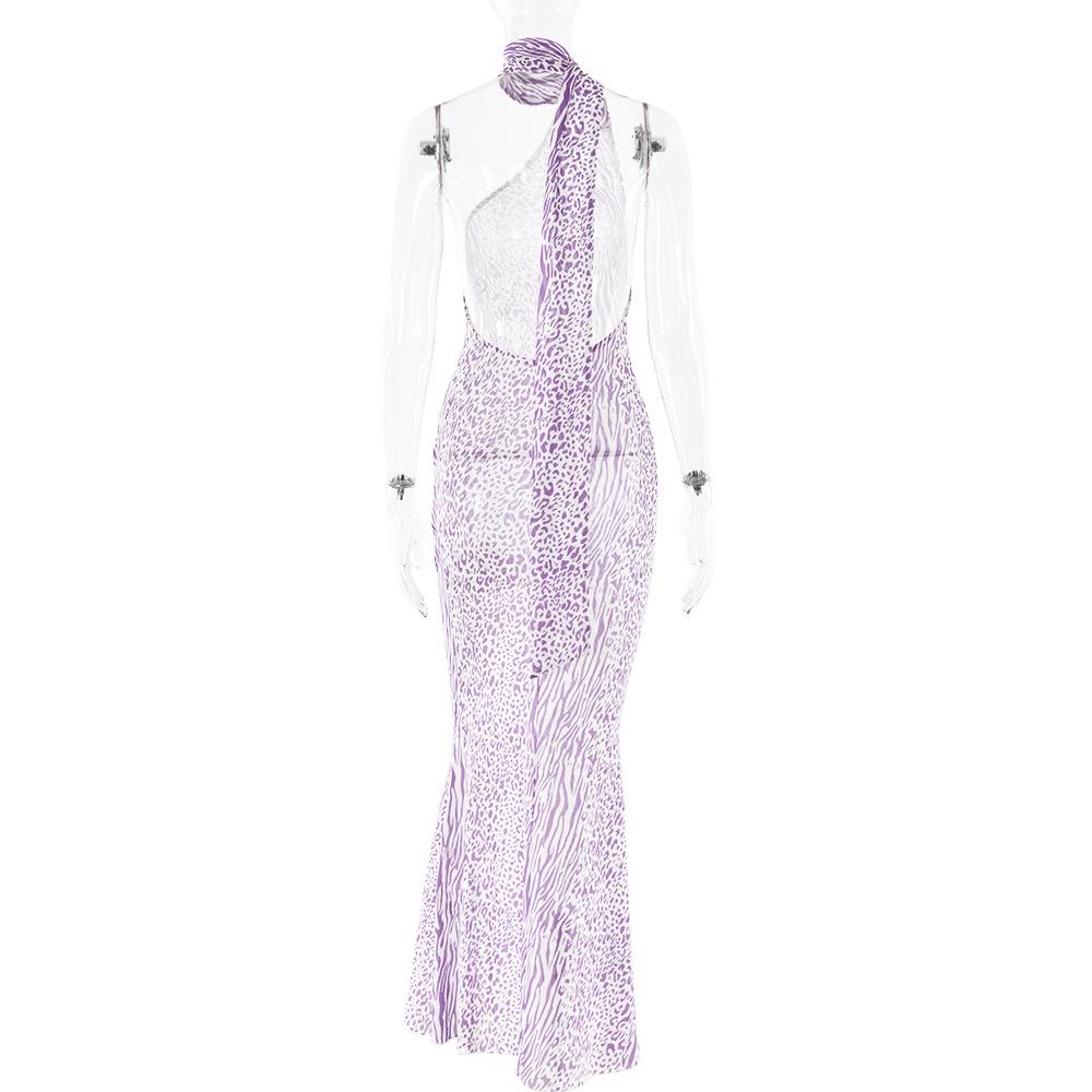 Halter one shoulder leopard print sheer mesh maxi dress  | samba dress