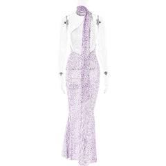 Halter one shoulder leopard print sheer mesh maxi dress  | samba dress