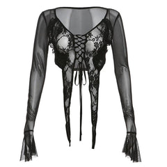 Long flared sleeve mesh see through lace up crop top