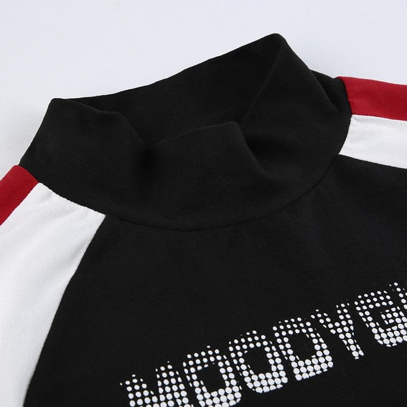 High neck contrast long sleeve "MOODYGIRL" pattern crop top