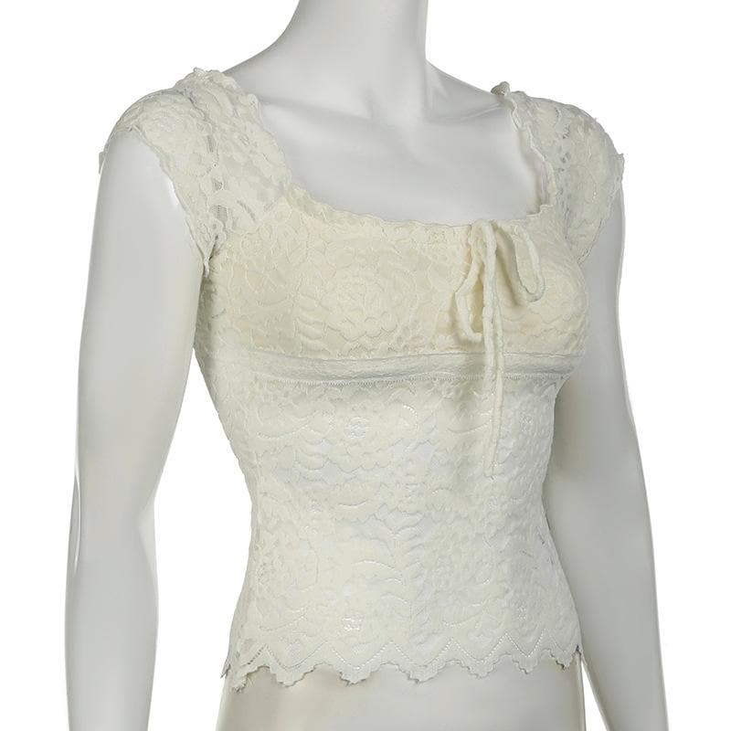 Cap sleeve square neck bowknot lace ruffle top