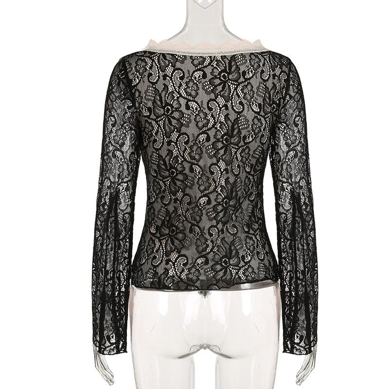 Long flared sleeve lace bowknot top