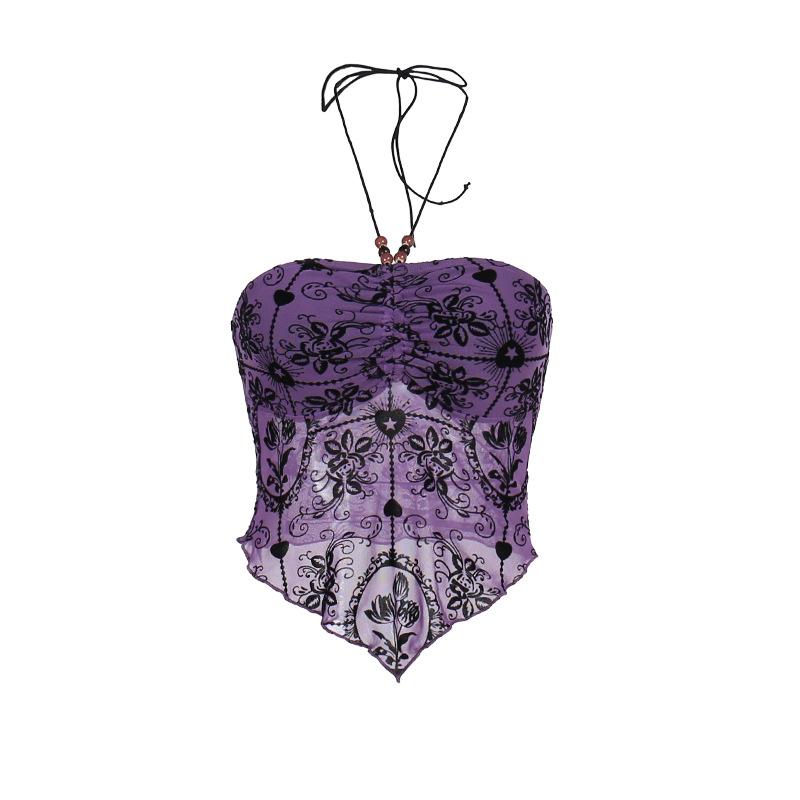 Halter drawstring ruched beaded mesh print top