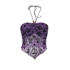 Halter drawstring ruched beaded mesh print top