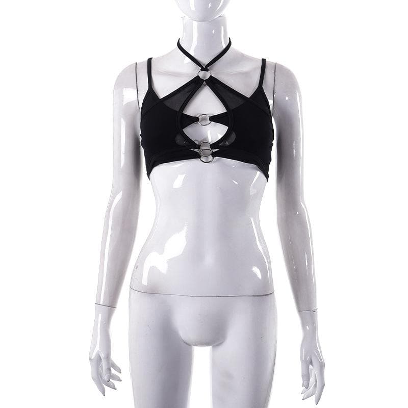 Mesh halter o ring solid hollow out backless patchwork crop cut out top