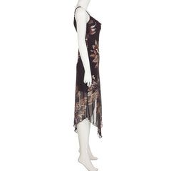 Cowl neck flower print irregular mesh midi dress