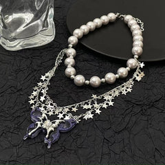 Butterfly star pattern faux pearl choker necklace