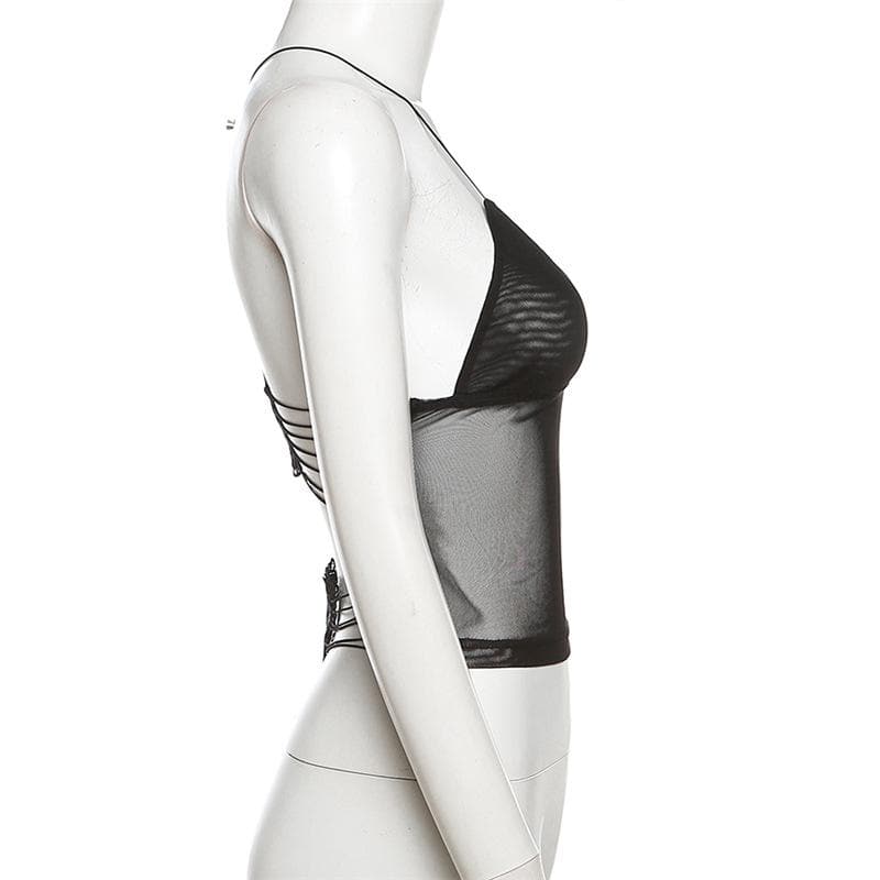 Sheer mesh butterfly applique see through backless solid top