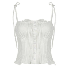 Ruched lace hem button bowknot ribbon cami top