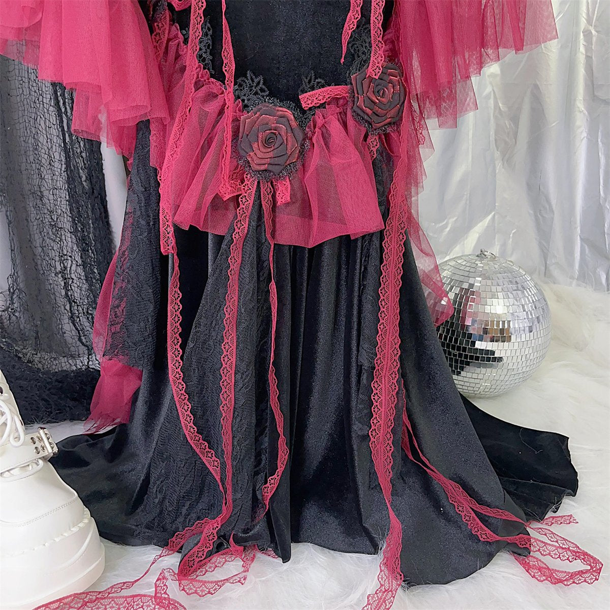 Long flared sleeve embroidery mesh flower applique maxi skirt set