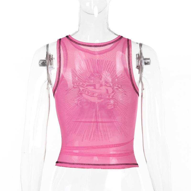 Sleeveless crewneck print sheer mesh stitch top