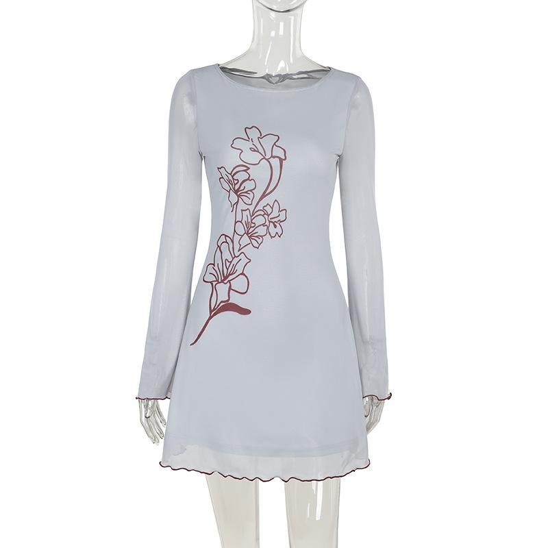 Long sleeve mesh flower print ruffle mini dress