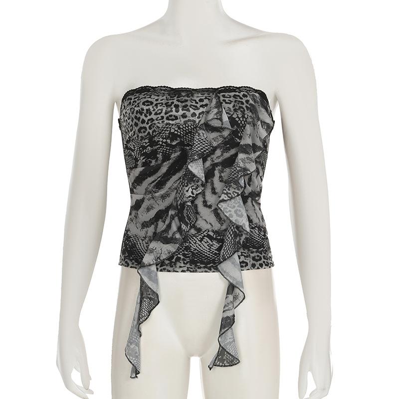 Leopard print ruffle lace hem tube top