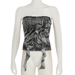 Leopard print ruffle lace hem tube top