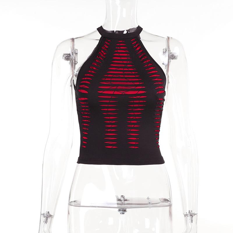 Spider web print hollow out crewneck tank top
