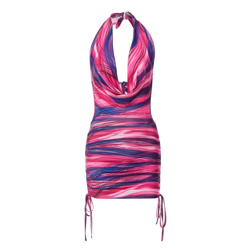 Cowl neck halter contrast drawstring self tie backless mini dress  | red tango dress