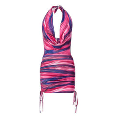 Cowl neck halter contrast drawstring self tie backless mini dress  | red tango dress