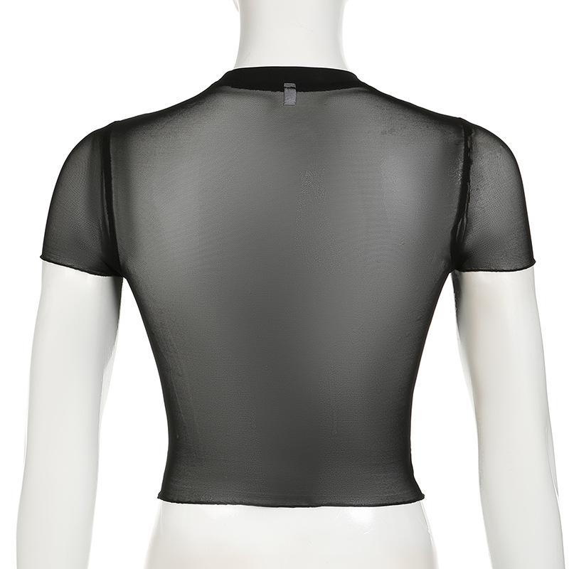 Short sleeve sheer mesh letter print crop top