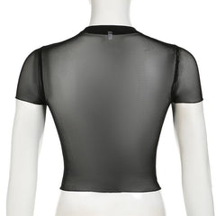 Short sleeve sheer mesh letter print crop top