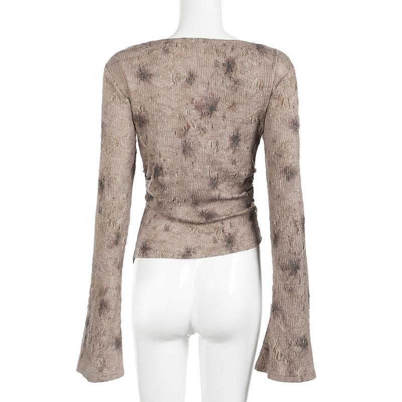 Long sleeve cowl neck ruched beaded top