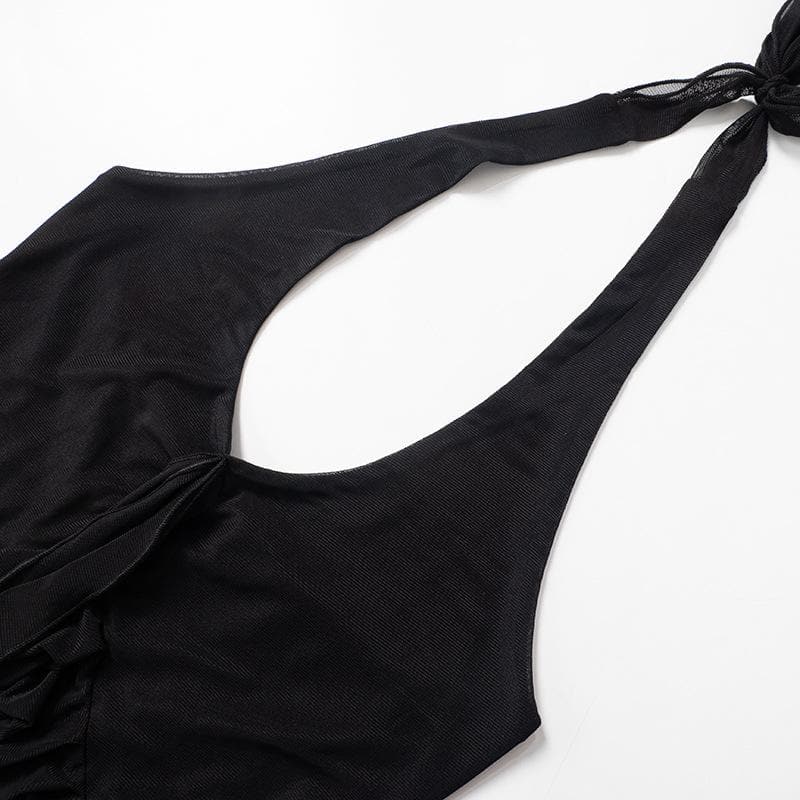 Halter ruffle u neck backless solid top