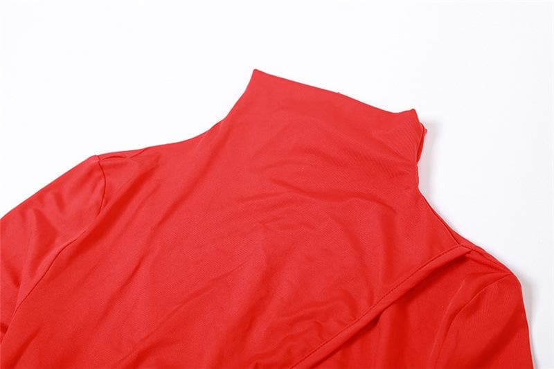 Hollow out solid long sleeve high neck zip-up maxi dress  | red tango dress