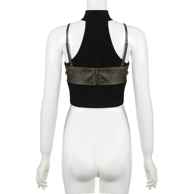 High neck off shoulder PU leather patchwork top