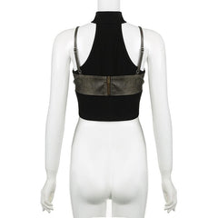 High neck off shoulder PU leather patchwork top