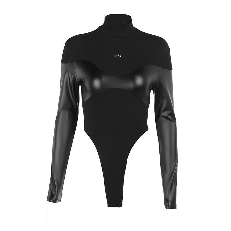 Patchwork high neck long sleeve PU leather bodysuit