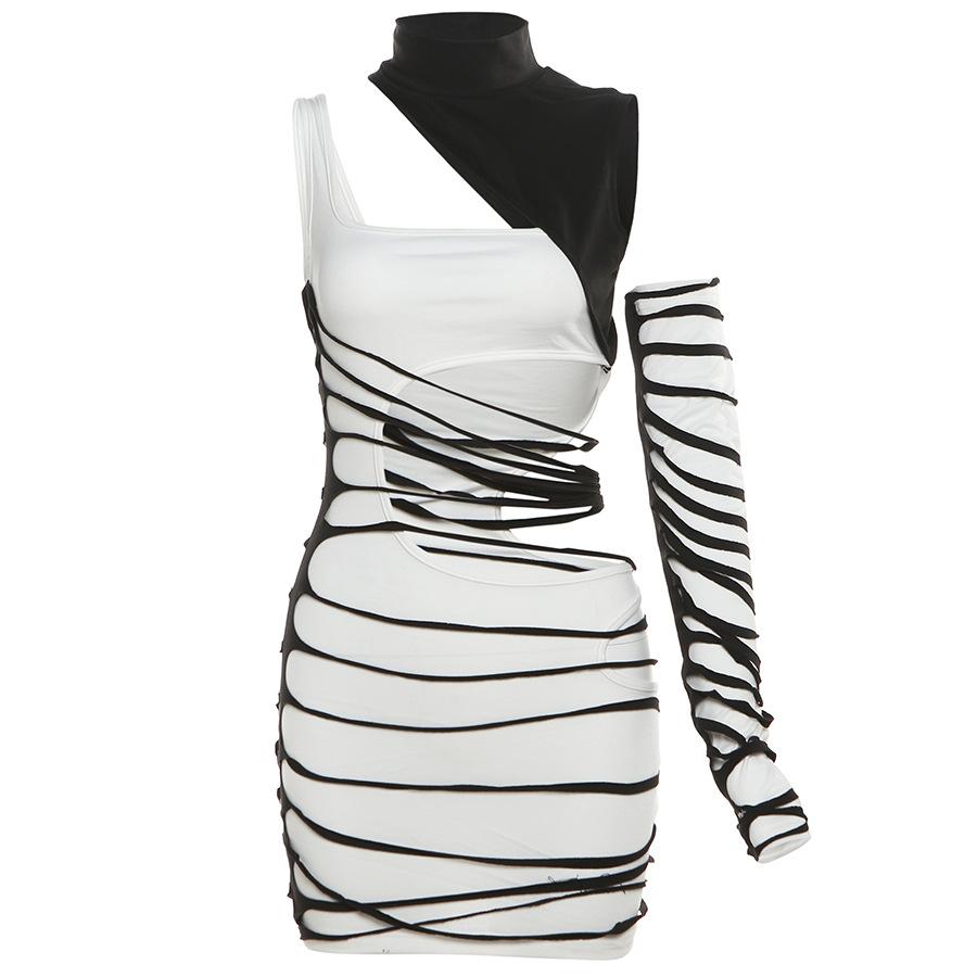 High neck gloves irregular hollow out contrast mini dress