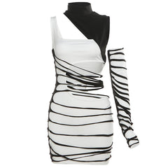 High neck gloves irregular hollow out contrast mini dress
