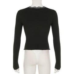 V neck long sleeve lace hem flower applique top