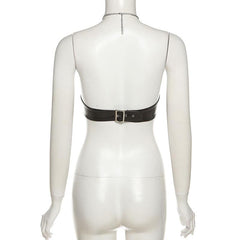 Halter PU leather o ring buckle metal chain top