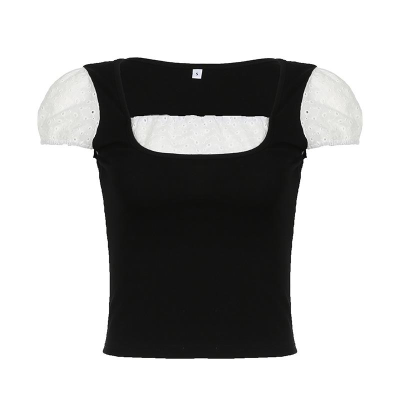 Puff sleeve square neck patchwork top