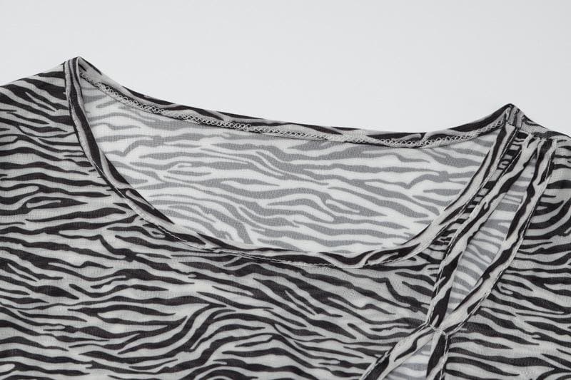 Zebra print hollow out irregular long sleeve sheer mesh see through mini dress  | samba dress