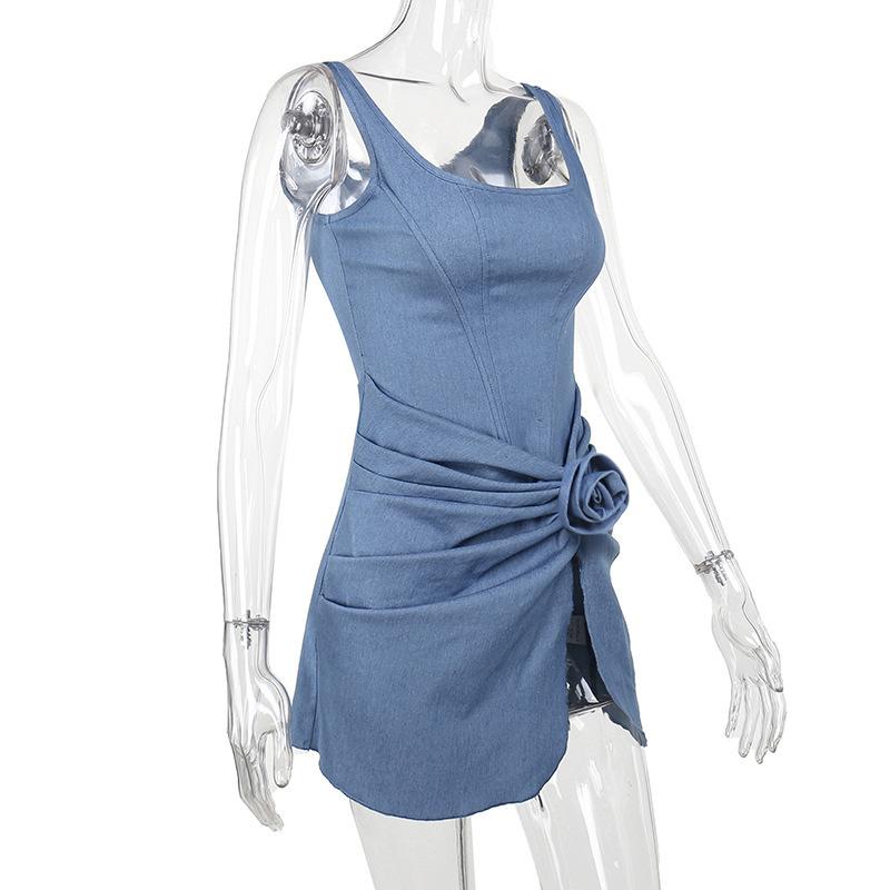 High slit bustier denim flower applique mini dress