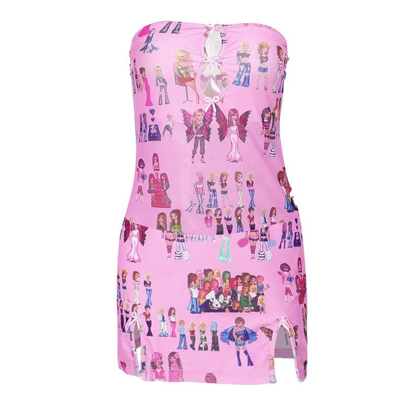 Hollow out bowknot print slit tube cut out mini dress  | red tango dress