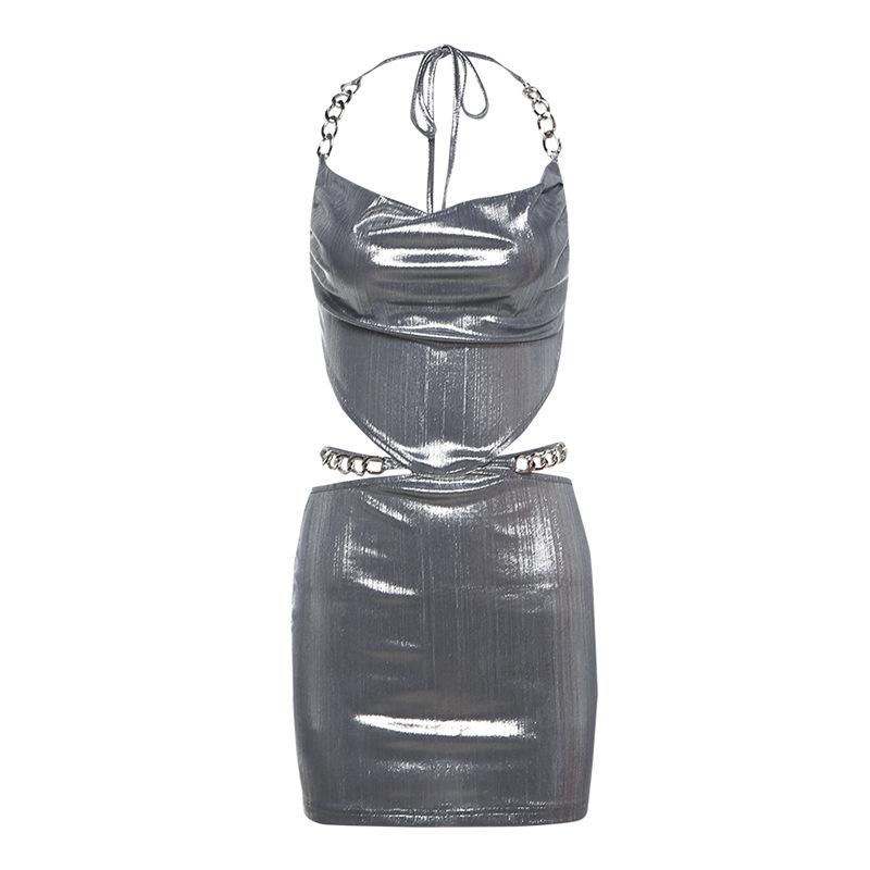 Cowl neck halter metal chain hollow out mini dress