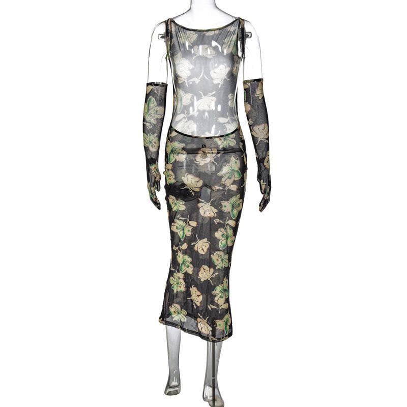 Sheer mesh sleeveless gloves backless flower pattern midi dress  | samba dress